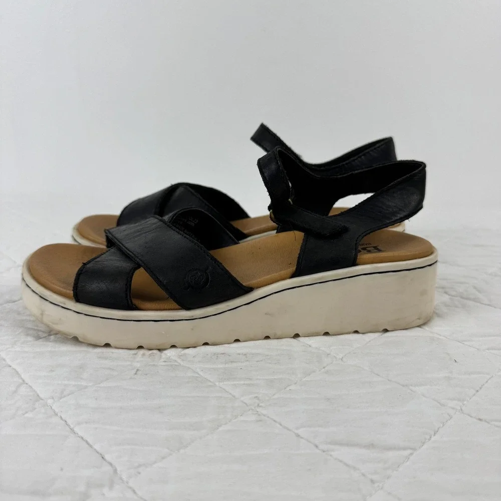 BORN Katrina Leather‎ Ankle Strap Platform Wedge Sandals Women Size 8M Black